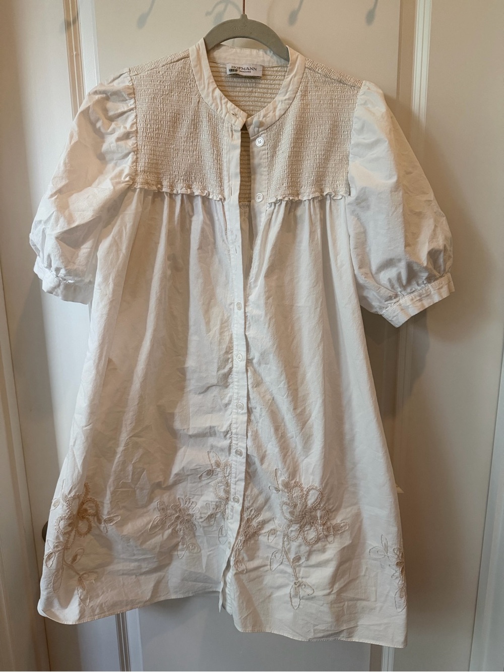 Smocked Yoke White Mini Dress with Beige Floral Embroidery